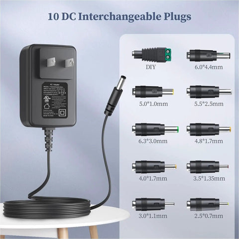 24V 1A Power Adapter With 24W Output Regulated Switching Wall Charger Includes 10 DC Tips, black AC plug and cable