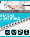 Tough As Nails 1/2 Inch Drive Ratchet Wrench With Extra Long Handle And 90 Tooth Design, showing dustproof ratchet head and reversible switch.