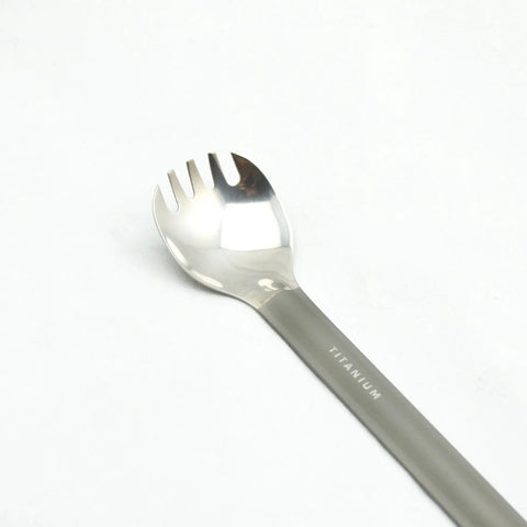 Ultra Lightweight Titanium Long Handle Spork With Polished Bowl For Camping And Hiking, angled view showing polished bowl