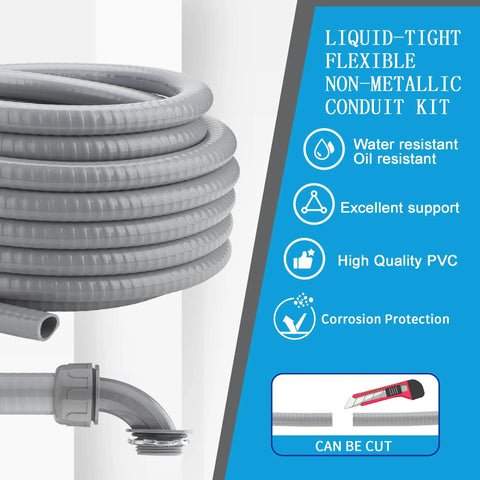 1/2 Inch Flexible PVC Liquid Tight Electrical Conduit Kit 50 Feet Non Metallic Flexible Conduit With 5 Couplings 3 Elbows And 10 Straps