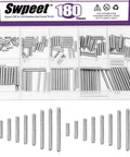 Boss Level 304 Stainless Steel Dowel Pin Assortment Featuring 180 Pieces Across Nine Sizes in storage box.