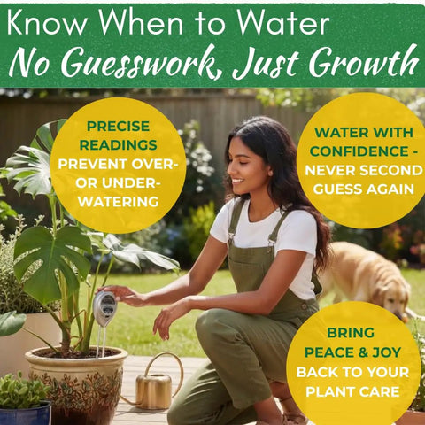 Person using 3 In 1 Plant Care Meter For Indoor And Outdoor Plants Tests Soil Moisture Sunlight And pH to check a potted plant.