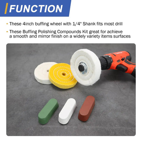 4 Inch Buffing Wheel Set With Quarter Inch Shank And Half Inch Arbor Soft 30 Ply Fine 50 Ply Medium 38 Ply Includes 7.4 Oz Compounds