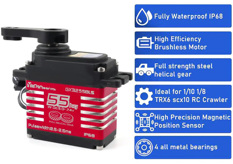 Beefy 55Kg Digital Servo With Full Metal Helical Gear Brushless Motor IP68 for RC cars, close-up of product features