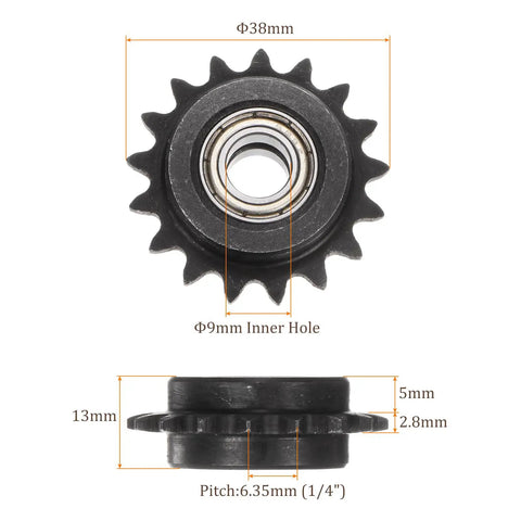 Hella Tough Carbon Steel Idler Sprocket 17 Tooth 9mm ID for ISO 04C Chains, showing front and side view dimensions.
