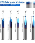 10 PCS V-shape router bits with 1/8 inch shank, showing different degrees, part of Forty Piece Pro Grade End Mills CNC Router Bit Set.
