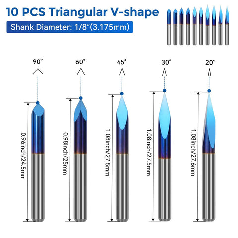 10 PCS V-shape router bits with 1/8 inch shank, showing different degrees, part of Forty Piece Pro Grade End Mills CNC Router Bit Set.