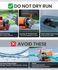 Instructions and warnings for use of 12V DC Water Transfer Pump With Self Priming, 330 GPH Portable Electric Pump Include 6Ft Suction Hose Kit For Pool Draining, Rain Barrel Water Removal, No-Fuss Compact Lightweight Pump For Quick Cleanup.