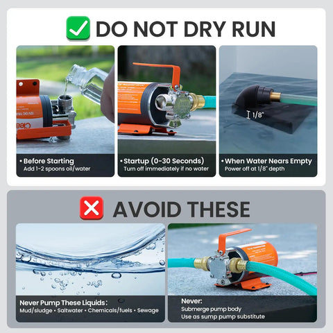Instructions and warnings for use of 12V DC Water Transfer Pump With Self Priming, 330 GPH Portable Electric Pump Include 6Ft Suction Hose Kit For Pool Draining, Rain Barrel Water Removal, No-Fuss Compact Lightweight Pump For Quick Cleanup.