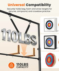 Adjustable Archery Target Stand For 30 Inch Bags And Foam Targets, showcasing 110 lbs capacity with target images.