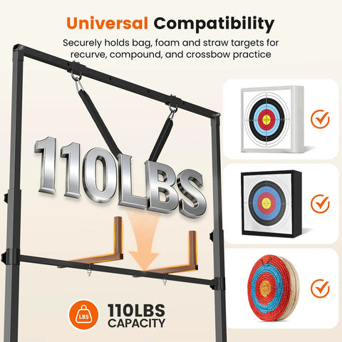 Adjustable Archery Target Stand For 30 Inch Bags And Foam Targets, showcasing 110 lbs capacity with target images.