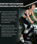 Woman exercising on stationary bike with text about motor control board installation and troubleshooting tips.