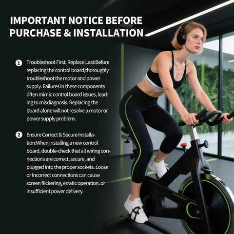 Woman exercising on stationary bike with text about motor control board installation and troubleshooting tips.