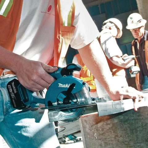 Game Changing 18V LXT Cordless Metal Cutter Shreds Steel Sheets Pipes Square Tubing And Unistrut 3600 RPM in use at construction site.