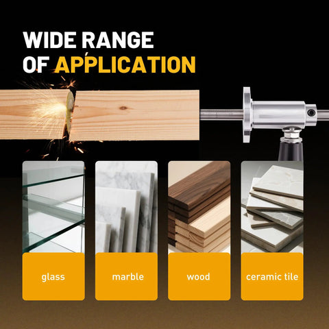 Pipe Cutter Tool With Diamond Grit Wheel And Handle For Inside Pipes shown cutting wood, with applications for glass, marble, wood, and ceramic tile.
