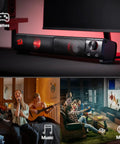 GS550 2.0 Channel Desktop PC Gaming Speakers Bar with USB power, red backlit, under monitor, shown in gaming and music environment.