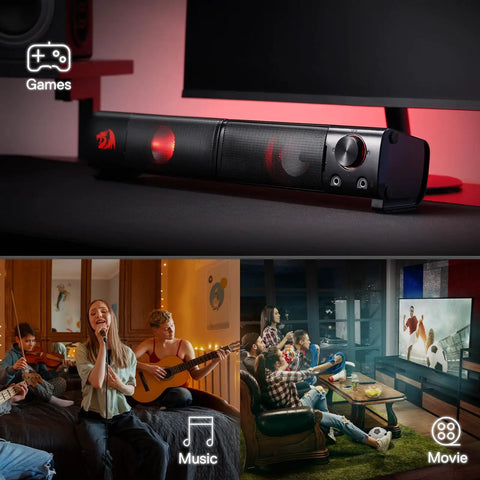 GS550 2.0 Channel Desktop PC Gaming Speakers Bar with USB power, red backlit, under monitor, shown in gaming and music environment.