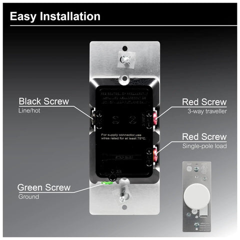 Back view of Single Pole Rotating Dimmer Switch With Rotary On Off, showing screws, UL Listed, White or Light Almond Finish