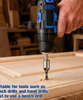 Seven Piece Three Point Countersink Drill Bit Set Featuring Adjustable Depth Lock And Rugged Hex Chucker High Carbon Steel Spirals in use with bench drill