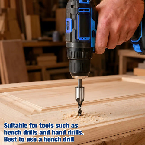 Seven Piece Three Point Countersink Drill Bit Set Featuring Adjustable Depth Lock And Rugged Hex Chucker High Carbon Steel Spirals in use with bench drill