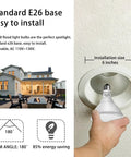 Par38 LED Flood Light Bulb installation guide showing easy fit into standard E26 base with house image and energy savings info.