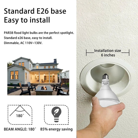 Par38 LED Flood Light Bulb installation guide showing easy fit into standard E26 base with house image and energy savings info.