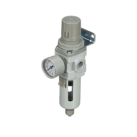 Air Filter Regulator Piggyback Combo 3/8 NPT With Metal Bowl Manual Drain Gauge And Bracket For Pneumatic Systems Easy Install 10-Micron Element 0-150 PSI 50 SCFM At 90 PSI