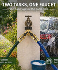 Brass Hose Splitter 2 Way With Shut Off Valves Heavy Duty Garden Hose Connector Y Adapter No Leak Includes Washers And Teflon Tape Built Tough For Easy Split And Efficient Water Use. dual outdoor faucet hoses