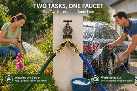Brass Hose Splitter 2 Way With Shut Off Valves Heavy Duty Garden Hose Connector Y Adapter No Leak Includes Washers And Teflon Tape Built Tough For Easy Split And Efficient Water Use. dual outdoor faucet hoses