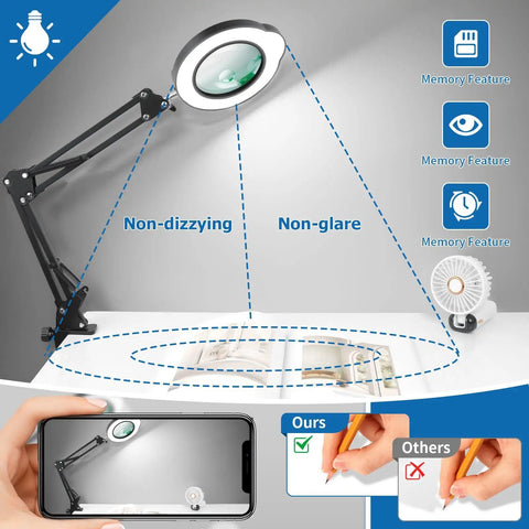 Hands Free Magnifying Lamp With Light And Stand, 15X/30X on desk, showing non-glare feature, LED light and memory function.