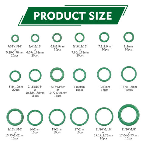 270Pcs O Ring Kit For Car A C And Plumbing, 18 Sizes NBR Rubber Seals Assortment, Green O-rings with labeled dimensions