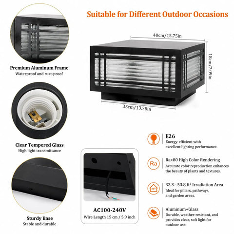 Top Notch Hardwired Outdoor Post Lights Big 15.75 Inch Column Fixture With Cozy 3000K Bulbs showing premium aluminum frame and clear glass.