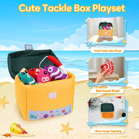 My First Tackle Box Plush Set For Toddlers With 10 Piece Sensory Plushies Including Nine Fish Plush And A Fishing Rod Plush A Cute Baby Toy Gift For Boys And Girls On Their First Birthday displayed on beach