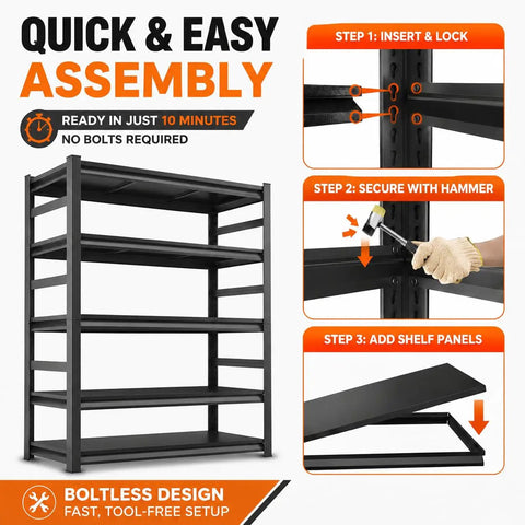 Heavy Duty Garage Shelving System With 3000 Lbs Total Capacity, Beefy Adjustable Metal Storage Racks For Tools Bins And Gear, Built From Cold Rolled Steel With Reinforced Posts, Easy Assembly, Durable Finish, boltless 5-tier rack
