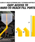 No Spill Coolant Funnel Kit 15 piece set showing funnel and 45-degree adapters for leak-free radiator refills on car engine.