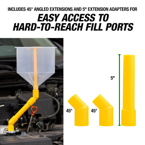 No Spill Coolant Funnel Kit 15 piece set showing funnel and 45-degree adapters for leak-free radiator refills on car engine.