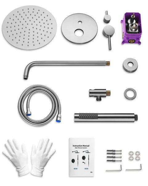 Components of GRANDJOY 10" Wall Mount Shower System with Handheld Spray, Brushed Nickel including showerhead and hose.