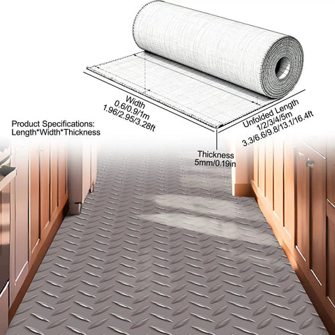 Heavy Duty Cuttable Non Slip Electrical Insulating Mat Waterproof Rubber Safety Flooring showing roll and dimensions inside a garage.