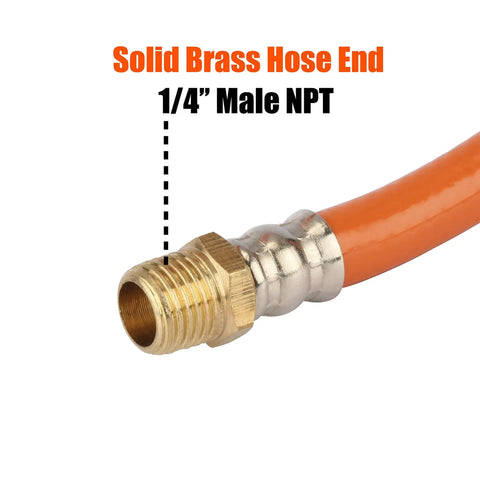 Air Compressor Kit With Three Eighth Inch By Twenty Five Foot PVC Hose And Eighteen Essential Air Tool Accessories Plus One Quarter Inch Fittings Brass Ends Corrosion Resistant Up To Three Hundred PSI Lightweight Durable For DIYers showing brass 1/4 inch male NPT end