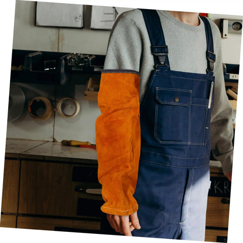 Heavy Duty Cowhide Welding Arm Sleeves Heat Resistant Flame Retardant full coverage orange arm protector worn by a mechanic