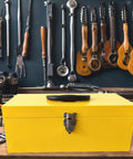 Yellow 16 Inch Heavy Duty Tool Box Organizer With Metal Latch And Handle Beefy Metal Toolbox For Home Garage And Workshop Storage Corrosion Resistant Steel Construction Durable Tackle Box Alternative on workbench