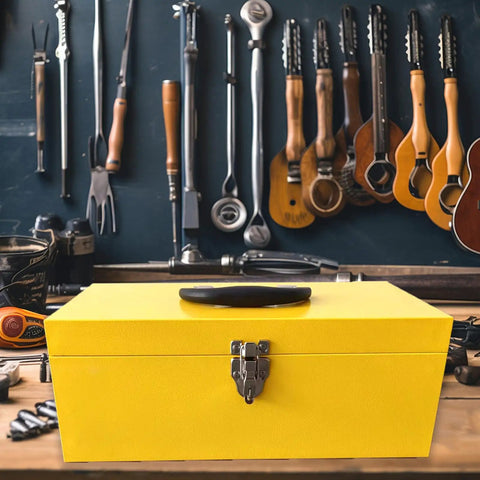 Yellow 16 Inch Heavy Duty Tool Box Organizer With Metal Latch And Handle Beefy Metal Toolbox For Home Garage And Workshop Storage Corrosion Resistant Steel Construction Durable Tackle Box Alternative on workbench