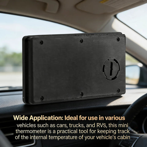 Riloer mini car digital thermometer, black rectangular plastic unit mounted on car dashboard