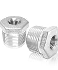 Pair of 316 stainless steel hex bushing reducers, 3/4" NPT male to 1/4" NPT female pipe fittings.
