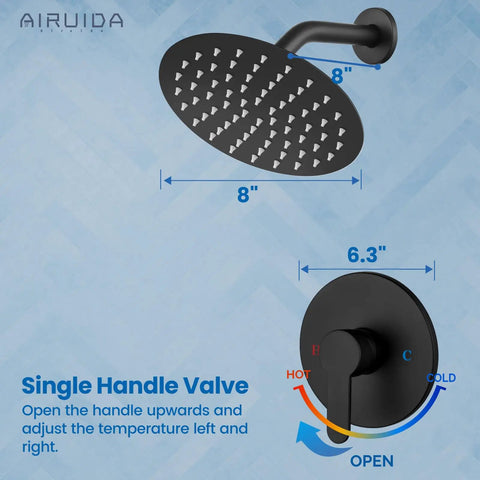 8 Inch Round Rainfall Shower Head Matte Black Shower Faucet Set With SUS304 Stainless Steel Trim, Single Handle Valve, Wall Mount