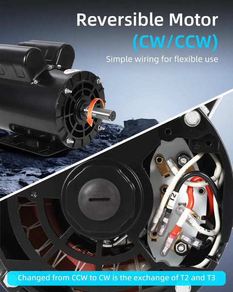 3HP Air Compressor Electric Motor 230V 17.6 Amps 56 Frame 3450 RPM 5 By 8 Keyed Shaft Reversible CW CCW Wiring Detail
