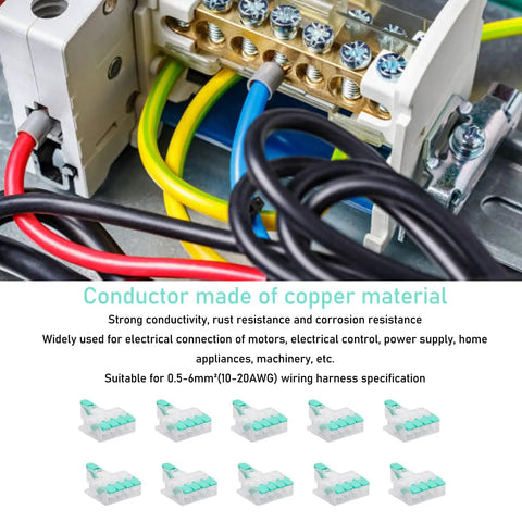 Ten Pack Lever Wire Connectors One In Four Out Copper Quick Push In Electrical Connectors installed with colored wires