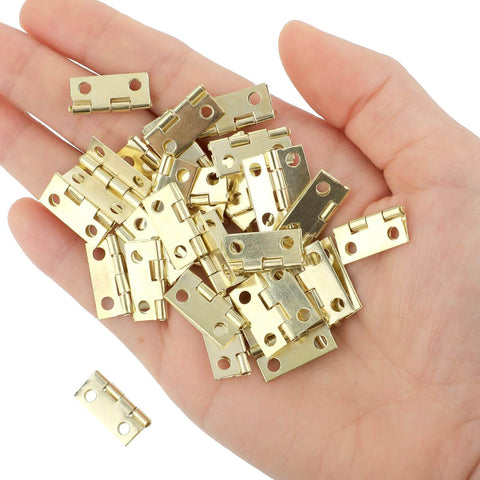 Hand holding gold finish 50 Piece Mini Hinges Set For Craft Cabinets And Jewelry Boxes With 200 Screws.