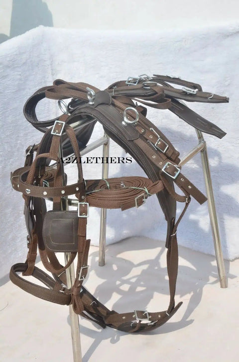 Brown Nylon Driving Harness For Single Horse With 10mm Diamonte Browband Heart Shaped Studs And Sparkling Stones Full Size Fit