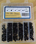 Open case showing M8-1.25 Flange Bolt Kit 160-Piece With 8mm Bolts, Serrated Flange Nuts, Washers, Alloy Steel Black Oxide Finish
